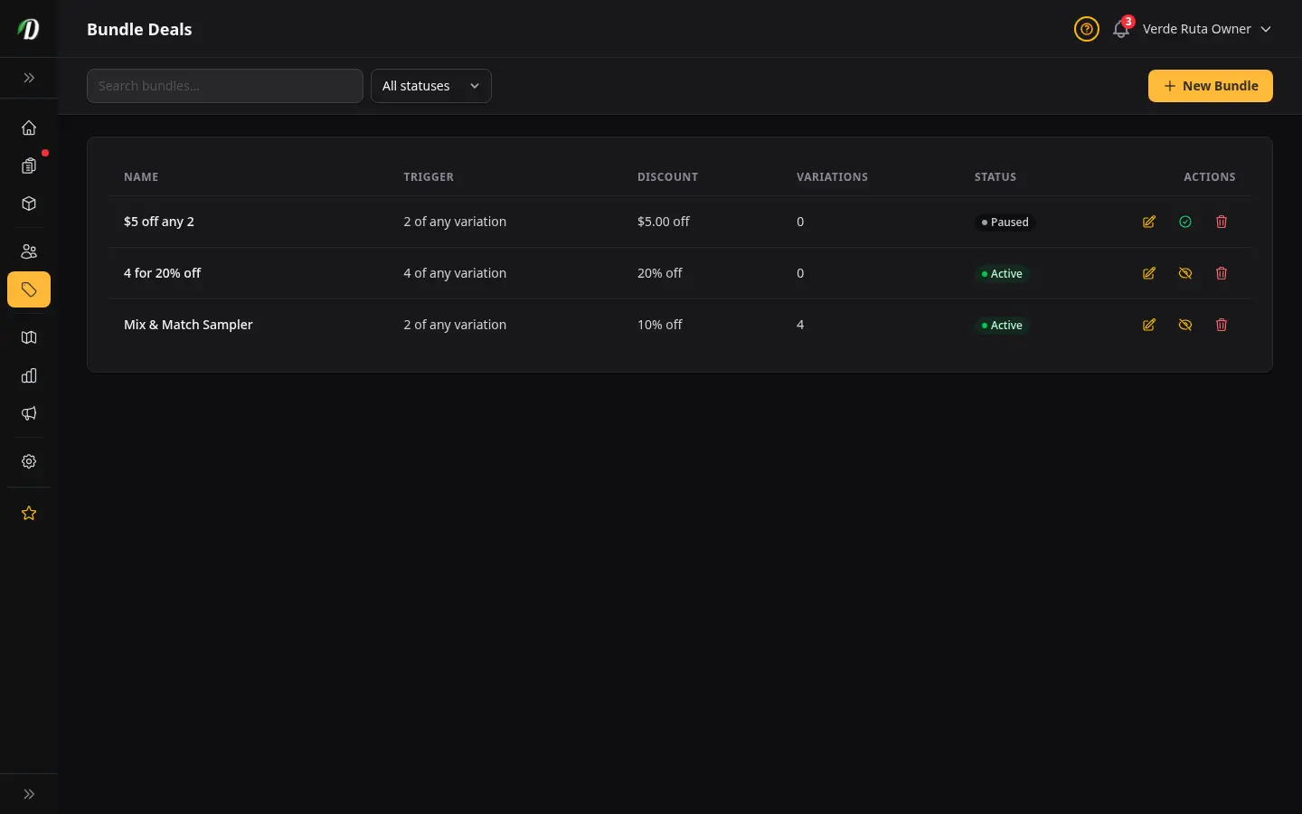 DabDash bundle deals page showing active bundles with trigger quantities, discounts, and variation counts