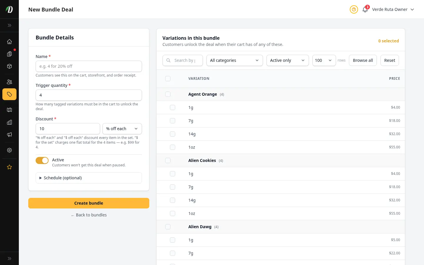 DabDash new bundle form showing name, trigger quantity, discount, and variation picker