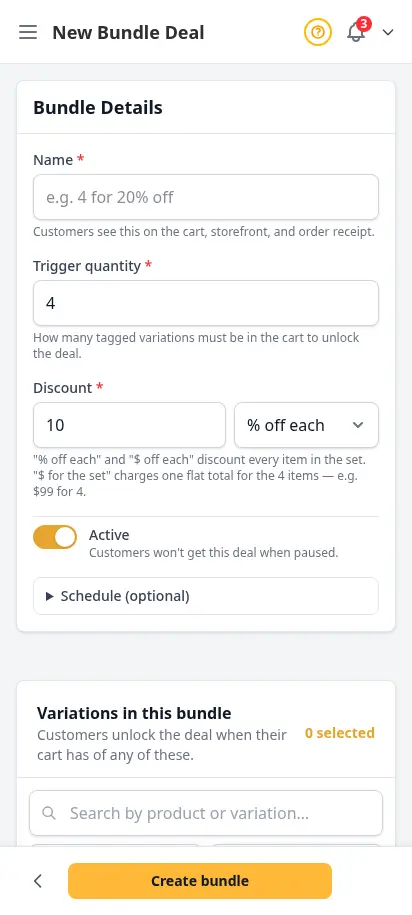 DabDash new bundle form showing name, trigger quantity, discount, and variation picker — mobile view