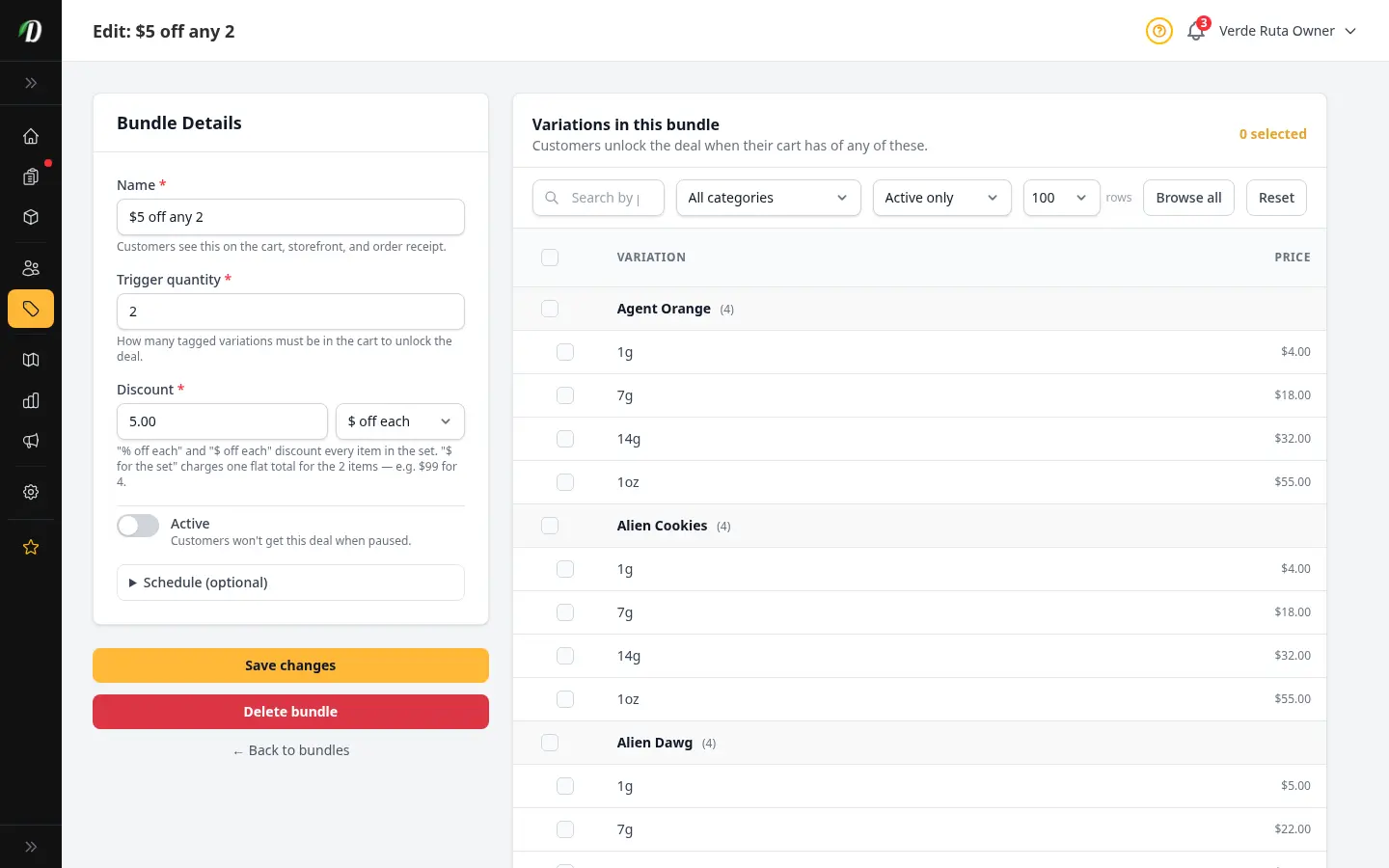 DabDash bundle editor showing saved bundle settings and attached variations ready to update