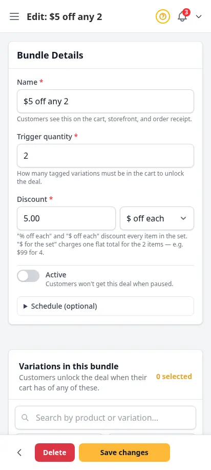 DabDash bundle editor showing saved bundle settings and attached variations ready to update — mobile view