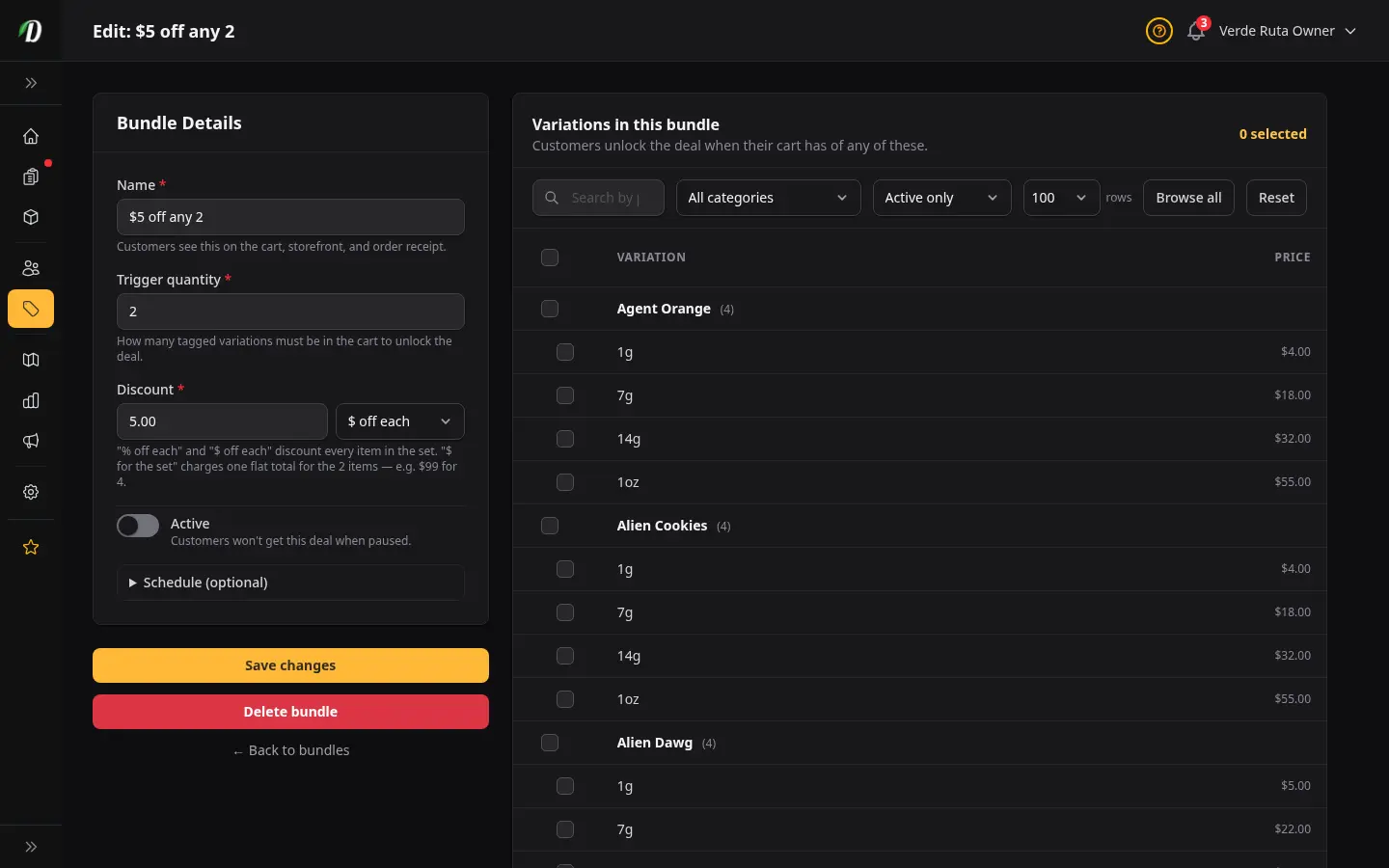 DabDash bundle editor showing saved bundle settings and attached variations ready to update