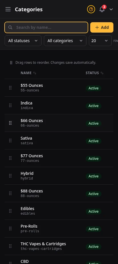 DabDash categories page showing category cards with images and product counts — mobile view