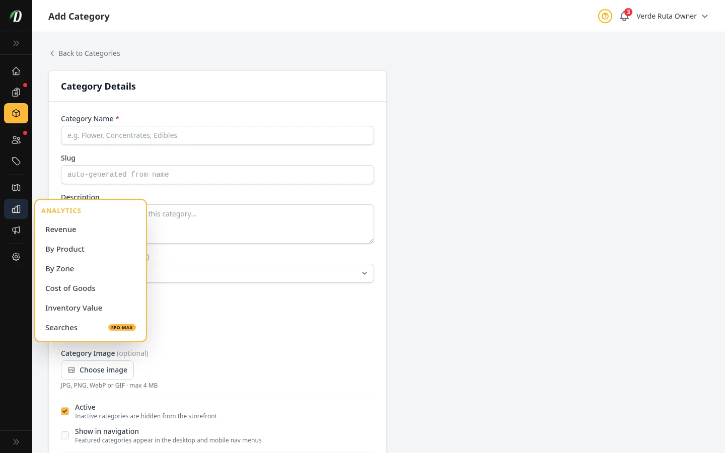 DabDash add category form showing name, slug, description, and image upload fields