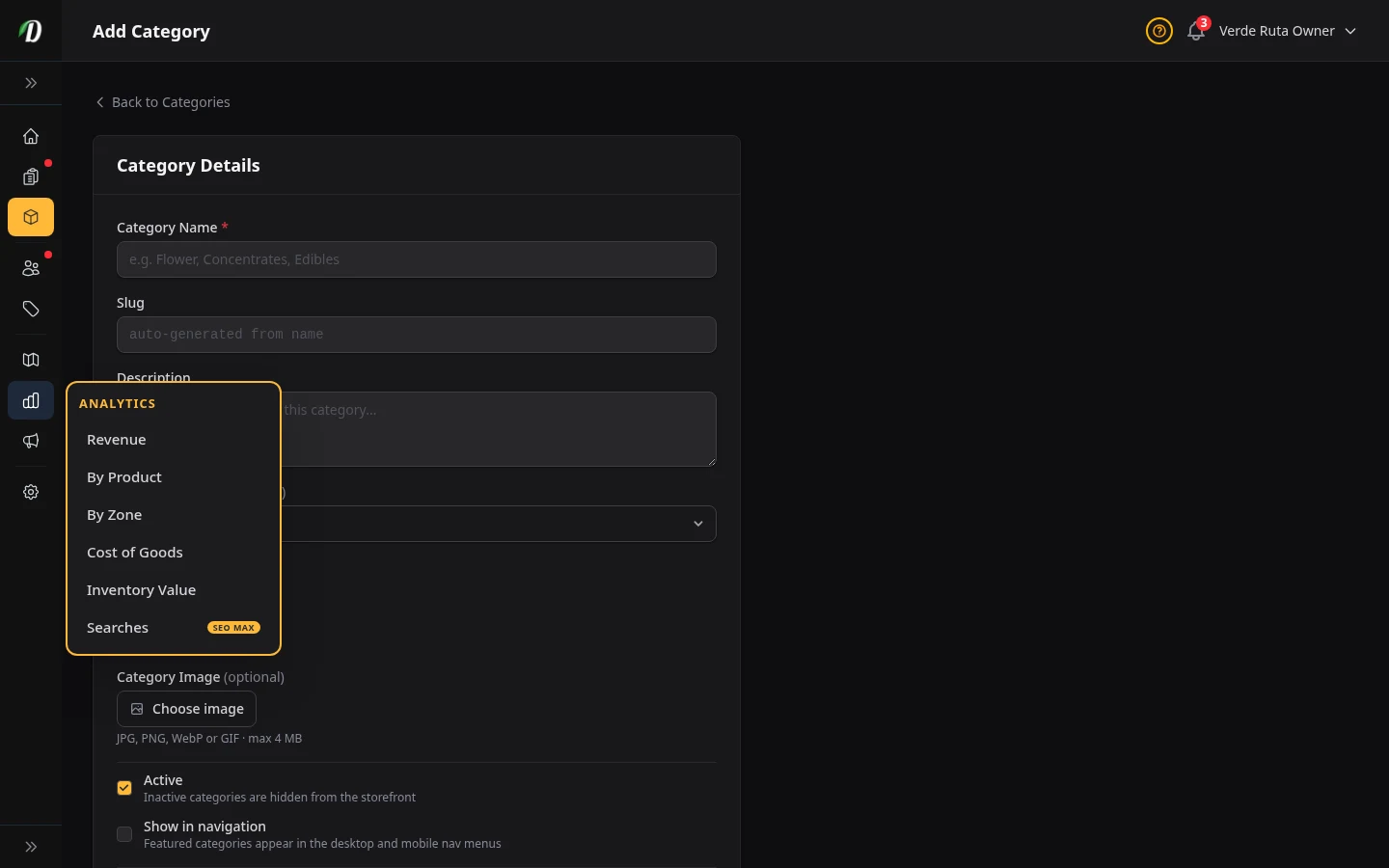 DabDash add category form showing name, slug, description, and image upload fields
