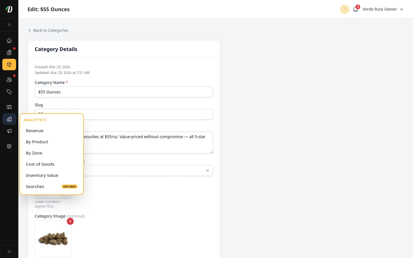 DabDash category editor showing saved category details, image, and display settings