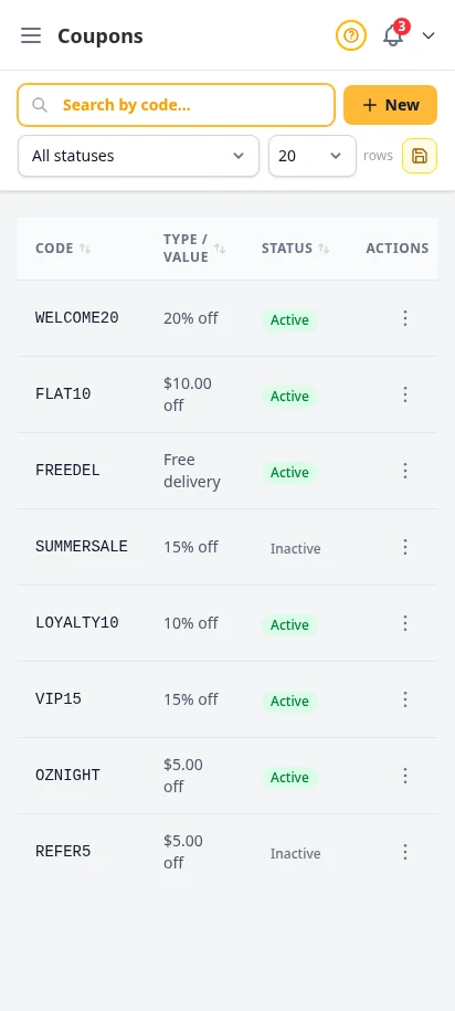 DabDash coupons page showing active discount codes, discount types, limits, and usage totals — mobile view