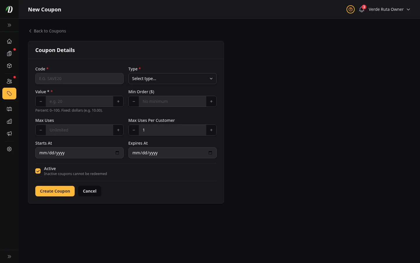 DabDash add coupon form showing code, discount type, limits, dates, and rules