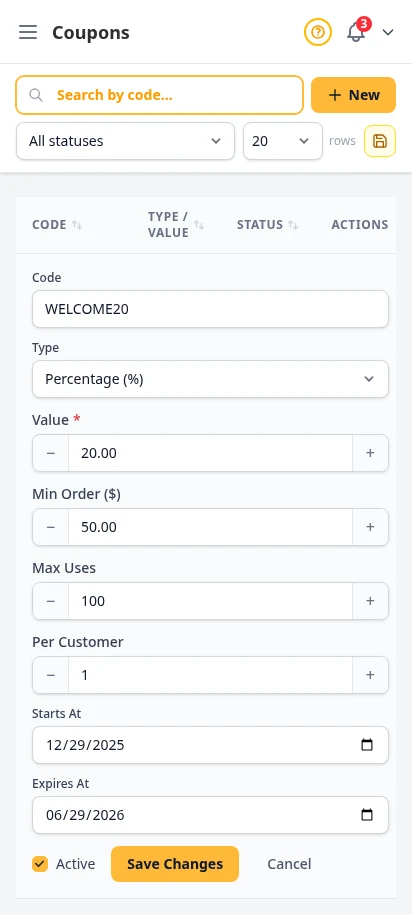 DabDash coupon editor showing saved discount settings ready to update — mobile view