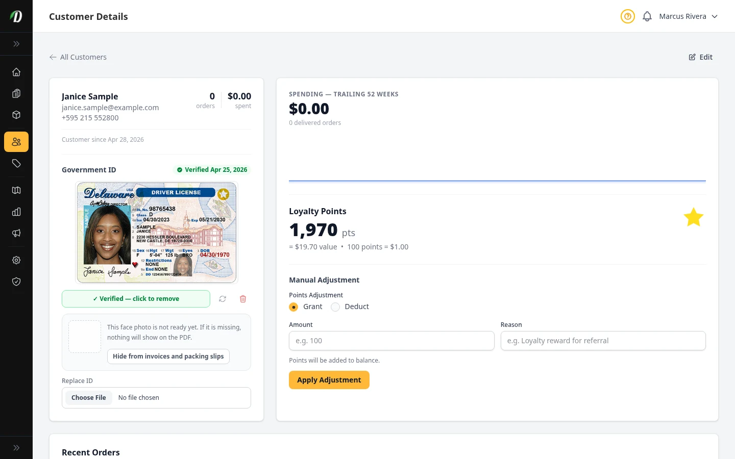 DabDash customer profile page showing the customer's contact info, lifetime order count and spend, loyalty points balance with manual adjustment form, recent order table, and saved delivery addresses