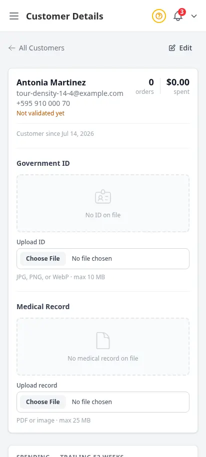 DabDash customer profile showing saved addresses, order history, and customer details — mobile view