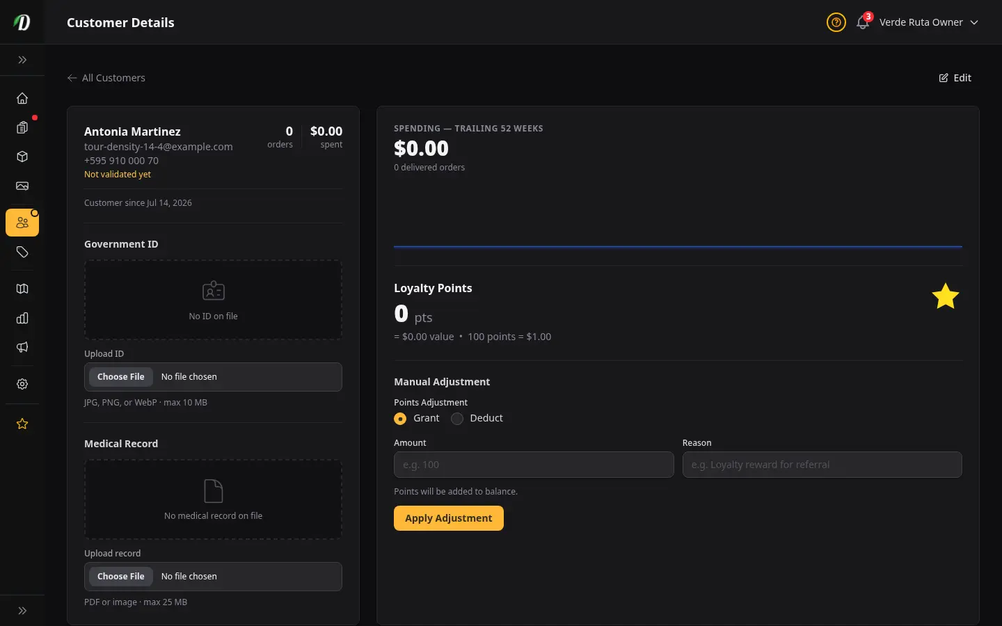 DabDash customer profile showing saved addresses, order history, and customer details
