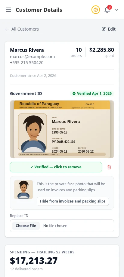 DabDash customer profile showing an uploaded government ID, verified state, and the private face crop used on PDFs — mobile view