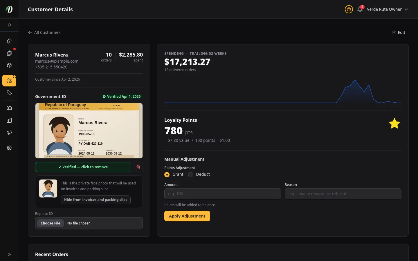 DabDash customer profile showing an uploaded government ID, verified state, and the private face crop used on PDFs