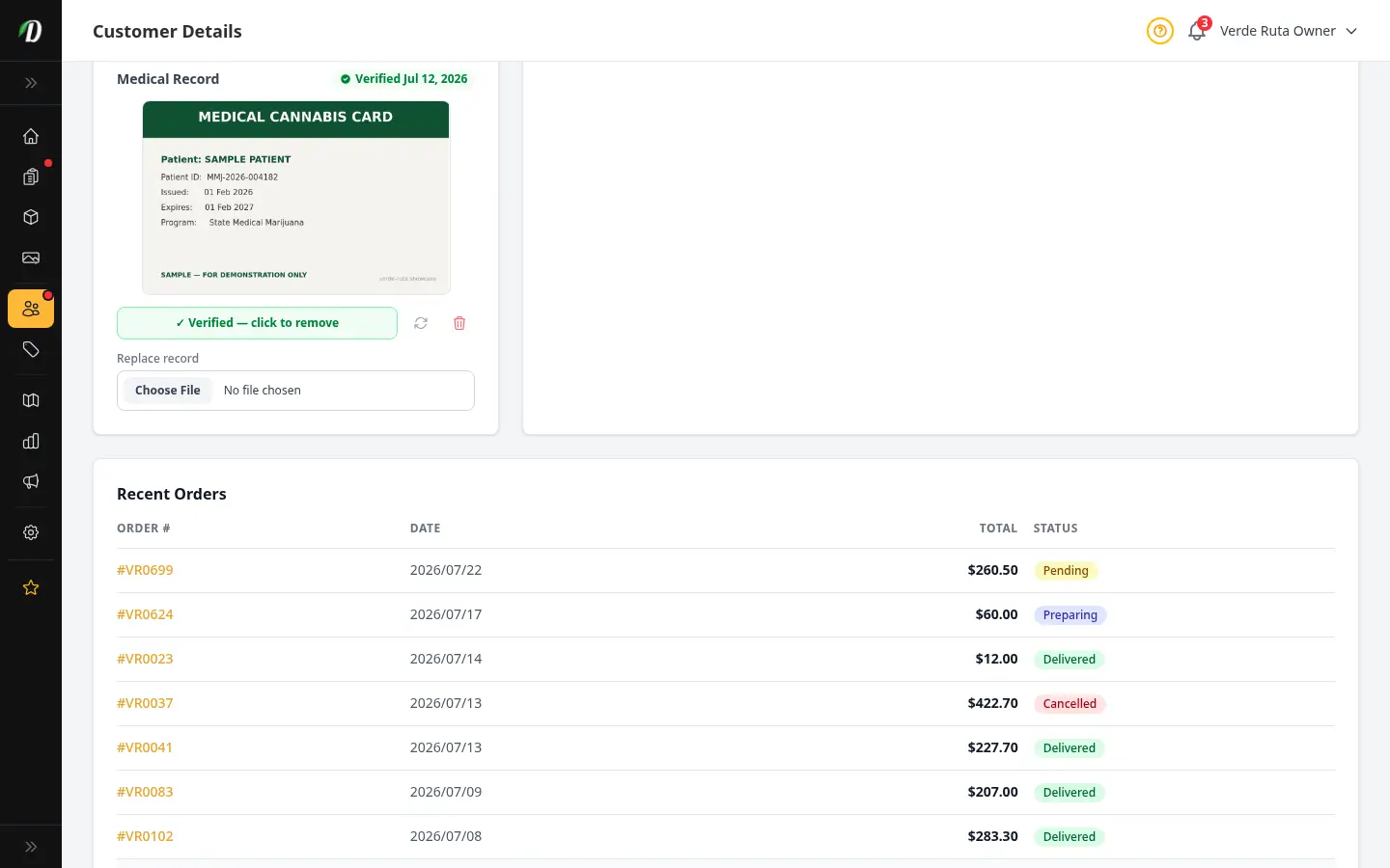 DabDash customer profile showing an uploaded medical record, its verified state, and controls to verify, rotate, replace, or remove it