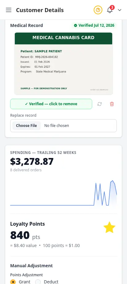 DabDash customer profile showing an uploaded medical record, its verified state, and controls to verify, rotate, replace, or remove it — mobile view