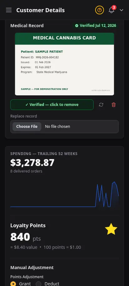 DabDash customer profile showing an uploaded medical record, its verified state, and controls to verify, rotate, replace, or remove it — mobile view