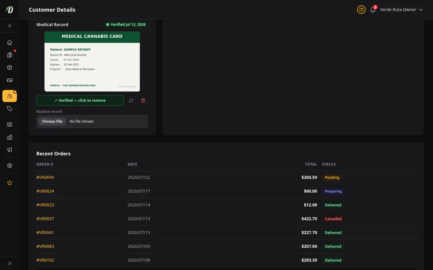 DabDash customer profile showing an uploaded medical record, its verified state, and controls to verify, rotate, replace, or remove it