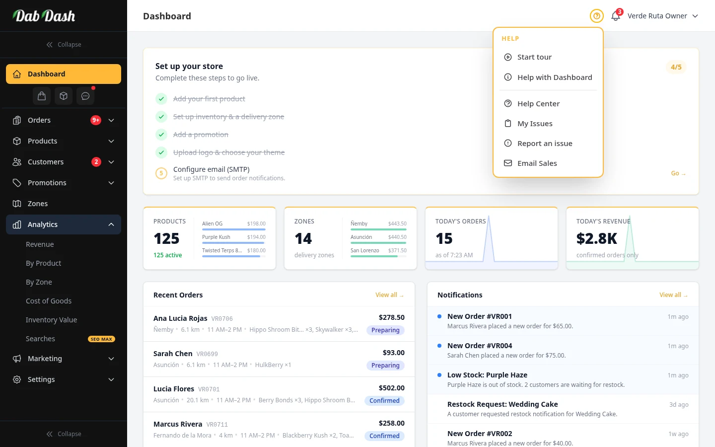 DabDash dashboard showing quick help links and the main navigation open
