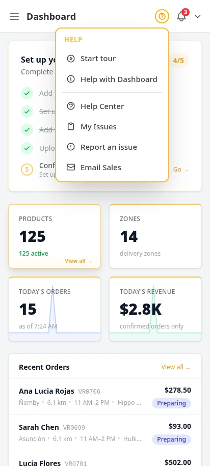 DabDash dashboard showing quick help links and the main navigation open — mobile view