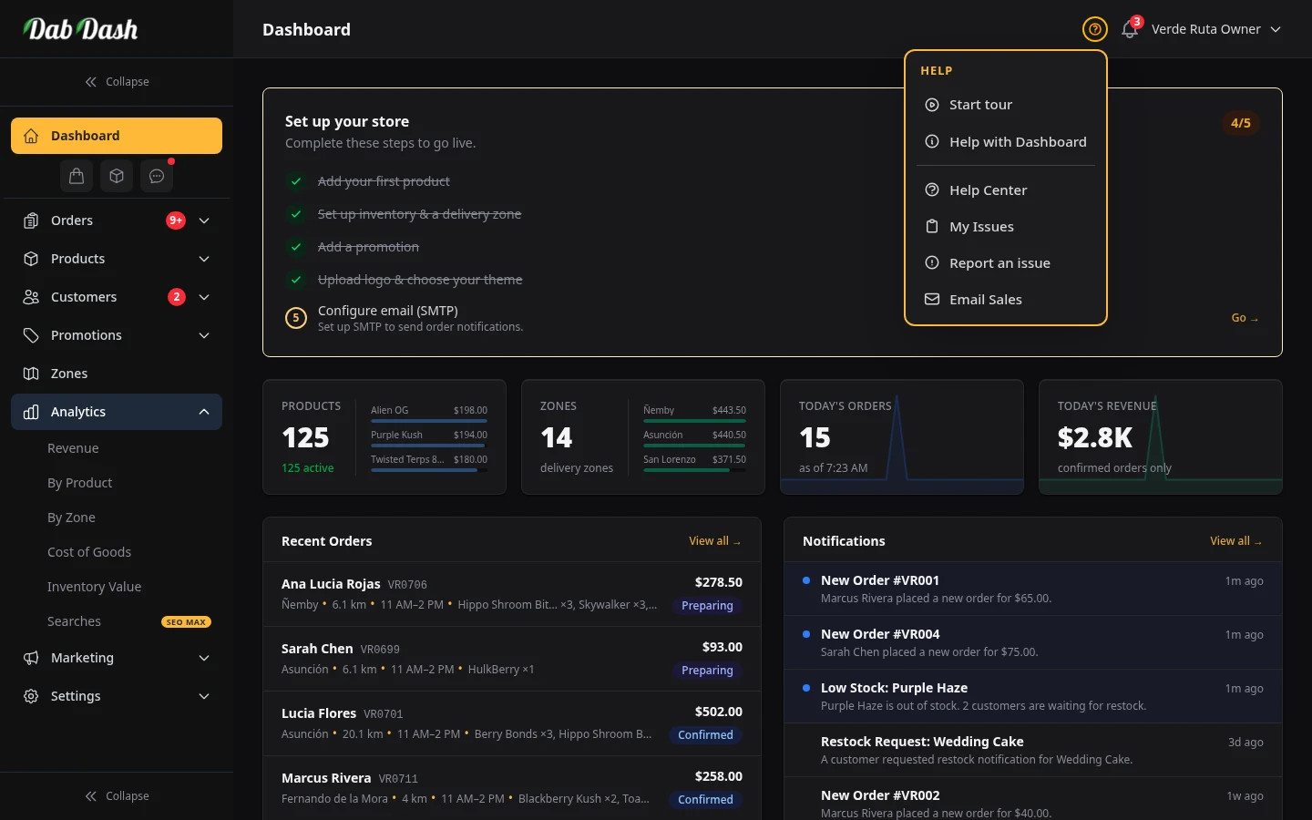 DabDash dashboard showing quick help links and the main navigation open