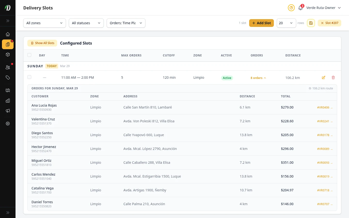 DabDash delivery slots page showing time windows with booked orders inside each slot