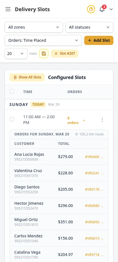 DabDash delivery slots page showing time windows with booked orders inside each slot