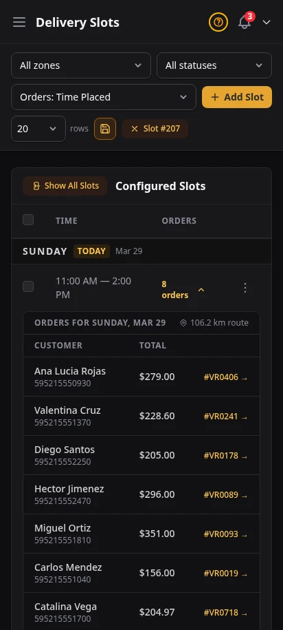 DabDash delivery slots page showing time windows with booked orders inside each slot
