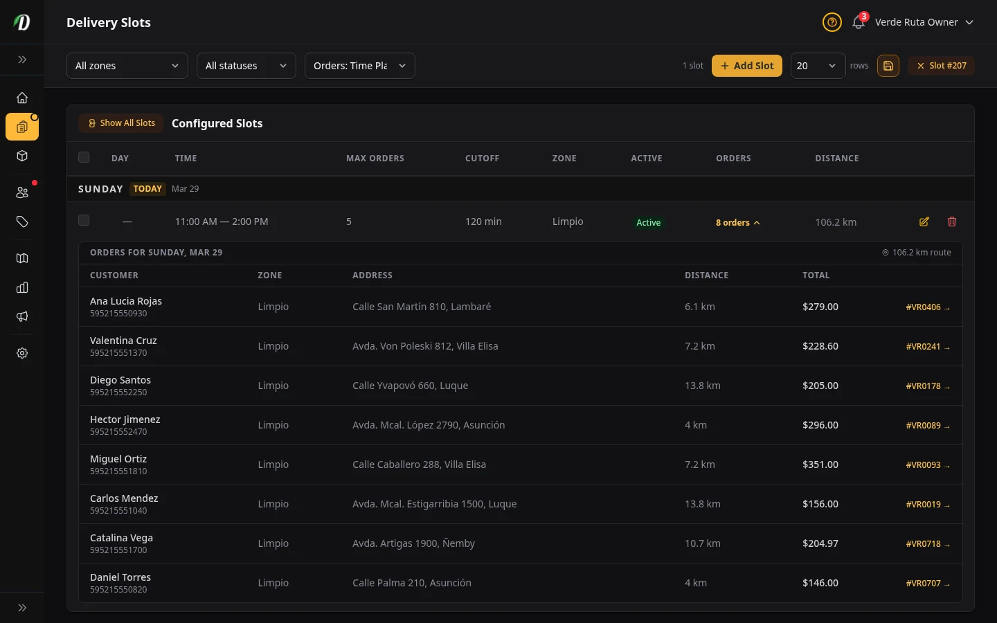 DabDash delivery slots page showing time windows with booked orders inside each slot