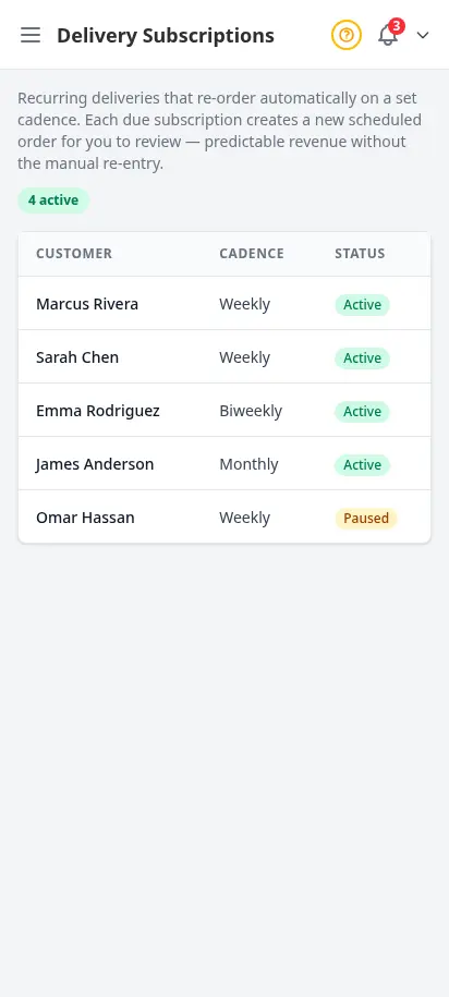 DabDash delivery subscriptions page listing recurring deliveries with customer, cadence, next delivery date, time window, and status — mobile view