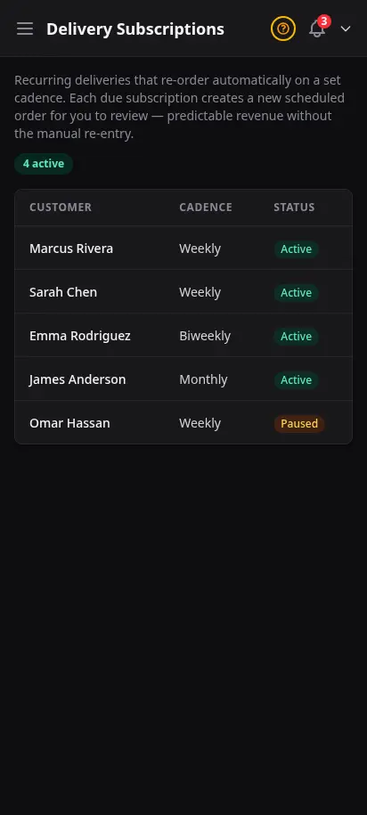 DabDash delivery subscriptions page listing recurring deliveries with customer, cadence, next delivery date, time window, and status — mobile view