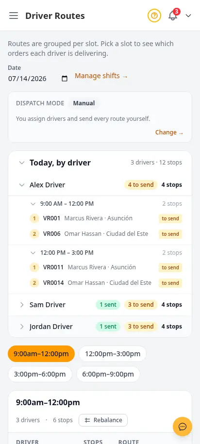 DabDash dispatch page showing driver cancellation requests, swap requests, and proposed delivery assignments awaiting confirmation