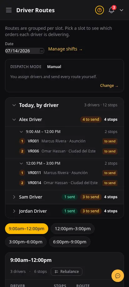 DabDash dispatch page showing driver cancellation requests, swap requests, and proposed delivery assignments awaiting confirmation