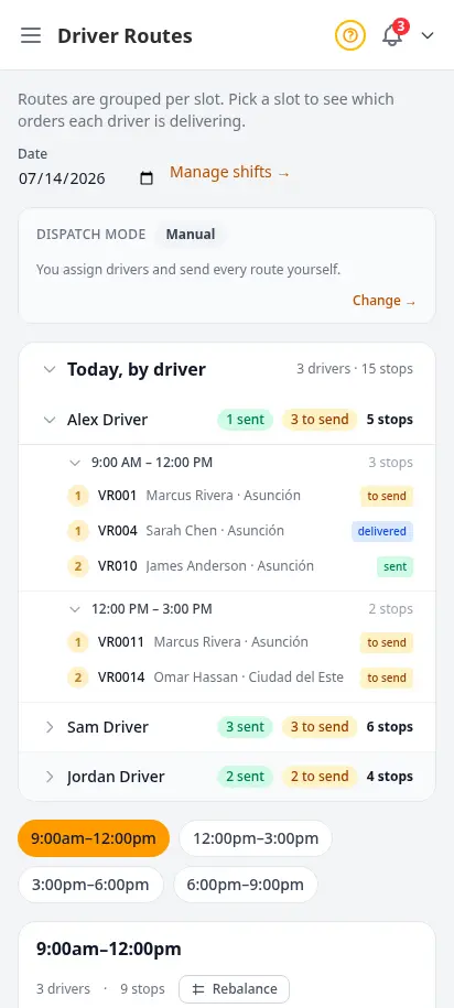 DabDash driver routes page showing a map of delivery stops colour-coded by driver alongside a per-driver stops table — mobile view