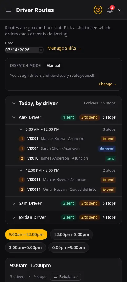 DabDash driver routes page showing a map of delivery stops colour-coded by driver alongside a per-driver stops table — mobile view