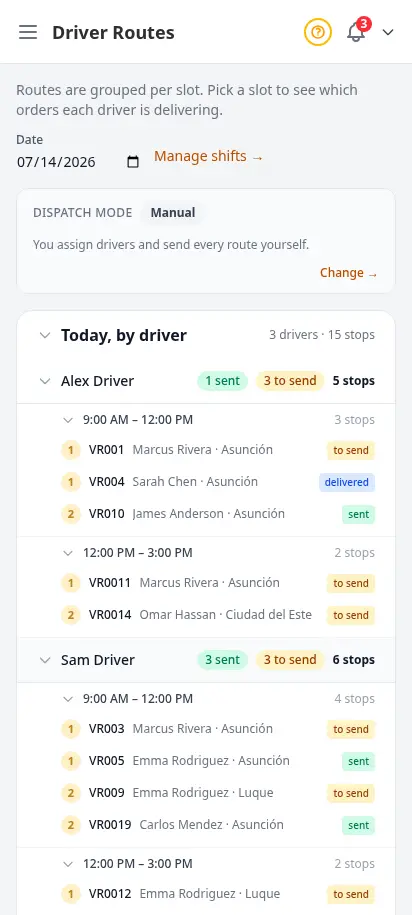 DabDash dispatch command center showing the dispatch mode indicator and a driver-first rollup of every driver, their delivery time windows, and ordered stops — mobile view