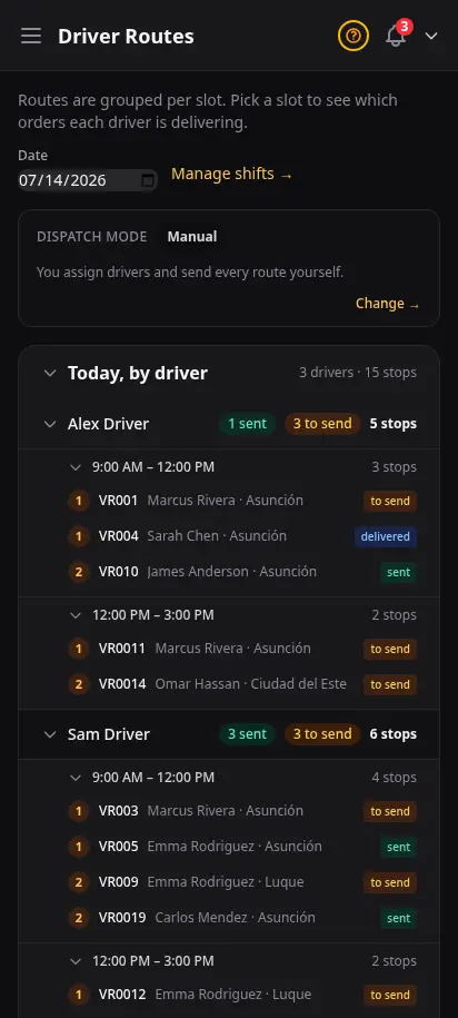 DabDash dispatch command center showing the dispatch mode indicator and a driver-first rollup of every driver, their delivery time windows, and ordered stops — mobile view