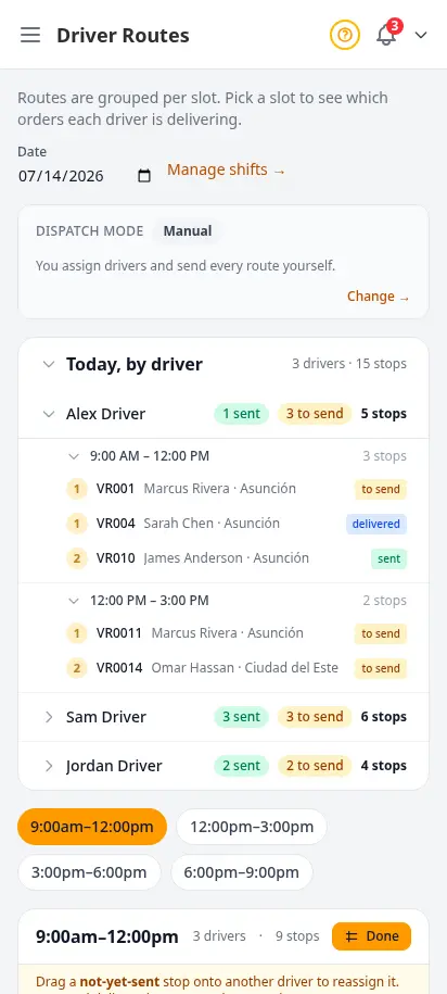 DabDash driver routes page in Map Mode with draggable stop chips for rebalancing deliveries between drivers — mobile view