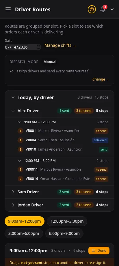 DabDash driver routes page in Map Mode with draggable stop chips for rebalancing deliveries between drivers — mobile view