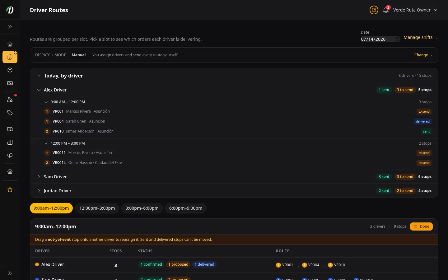 DabDash driver routes page in Map Mode with draggable stop chips for rebalancing deliveries between drivers