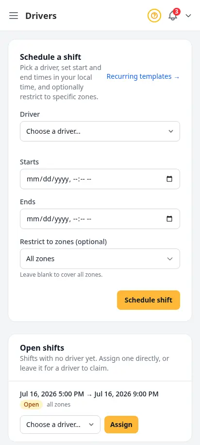 DabDash drivers page showing a shift scheduling form and a list of drivers with their upcoming shifts — mobile view