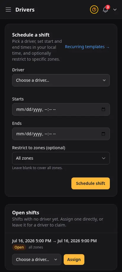 DabDash drivers page showing a shift scheduling form and a list of drivers with their upcoming shifts — mobile view