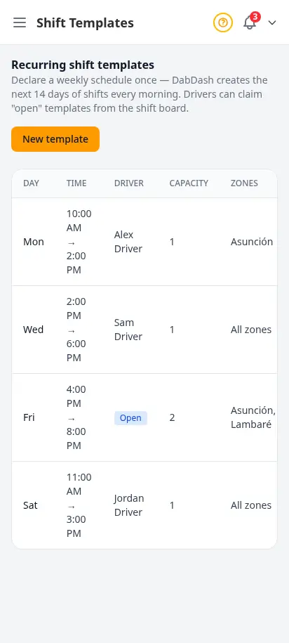 DabDash recurring shift templates page showing weekly shifts with day, time, assigned driver, capacity, zones, and active or paused status — mobile view