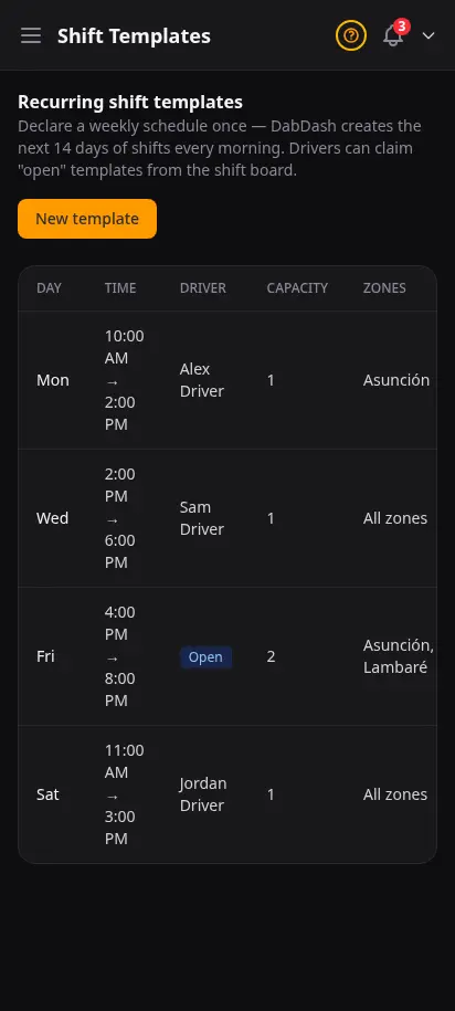 DabDash recurring shift templates page showing weekly shifts with day, time, assigned driver, capacity, zones, and active or paused status — mobile view