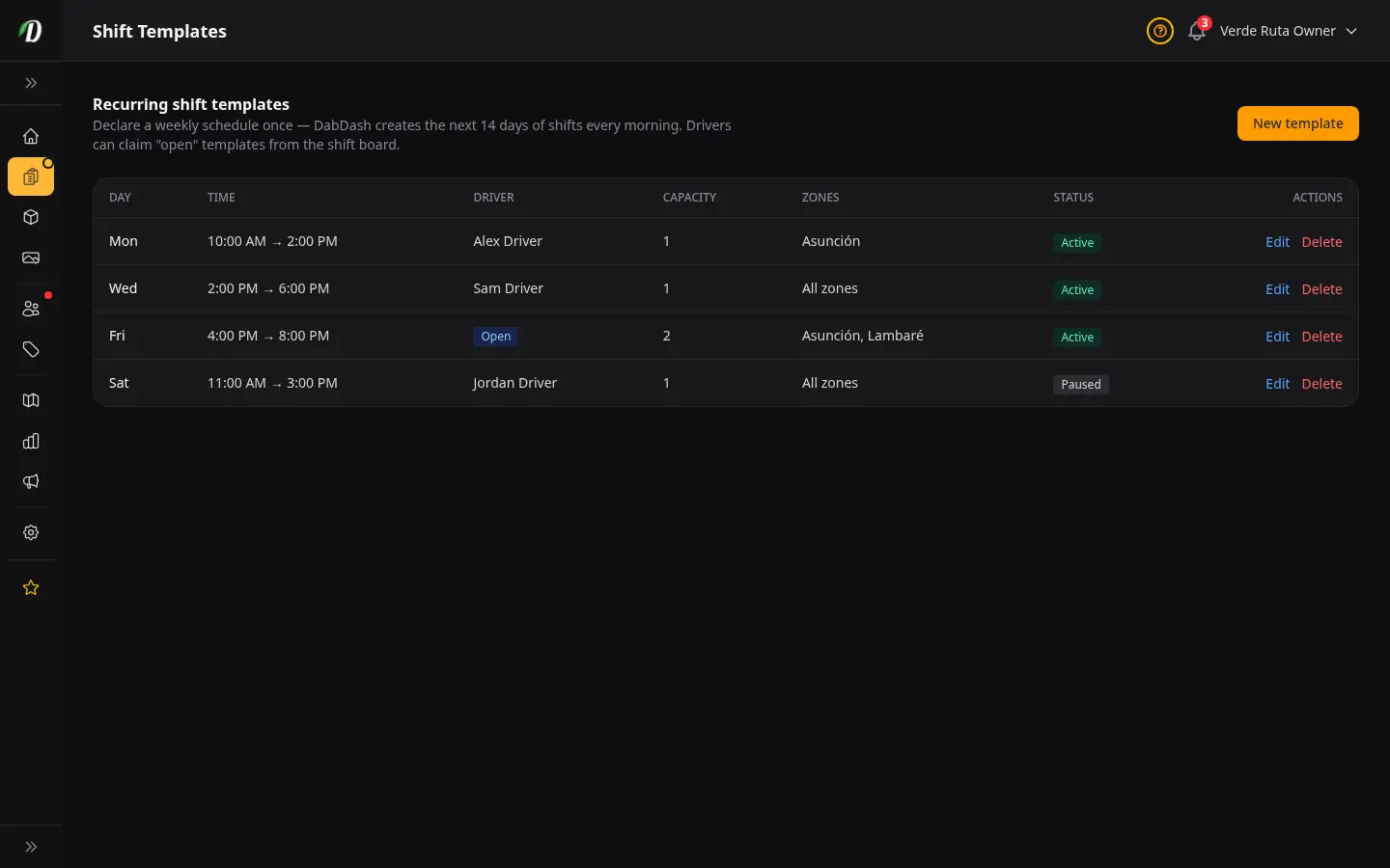 DabDash recurring shift templates page showing weekly shifts with day, time, assigned driver, capacity, zones, and active or paused status