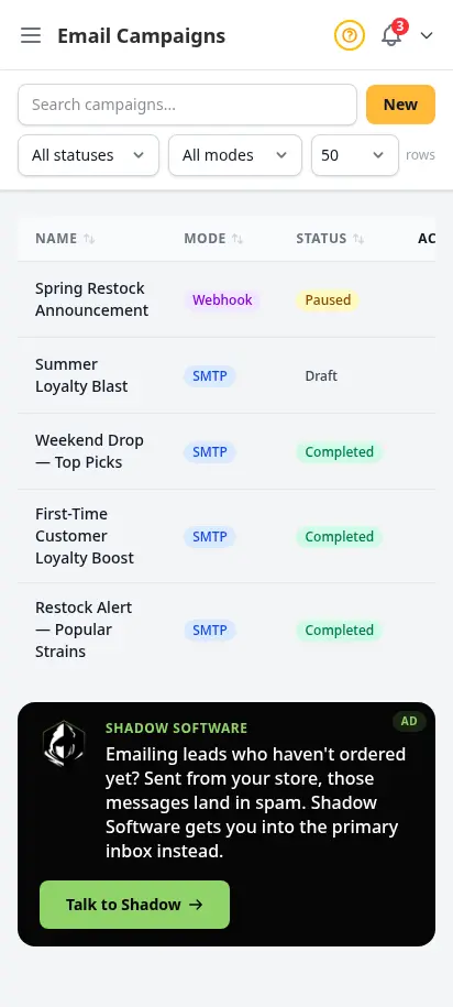 DabDash email campaigns page showing campaign names, delivery modes, statuses, send progress, and action controls — mobile view