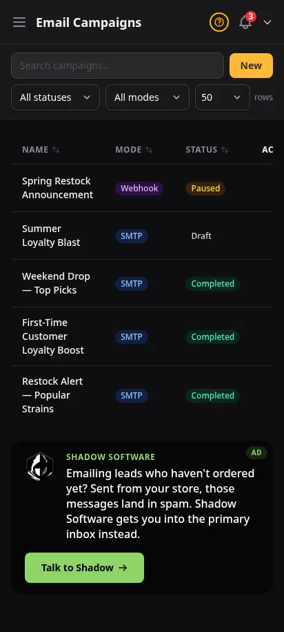 DabDash email campaigns page showing campaign names, delivery modes, statuses, send progress, and action controls — mobile view
