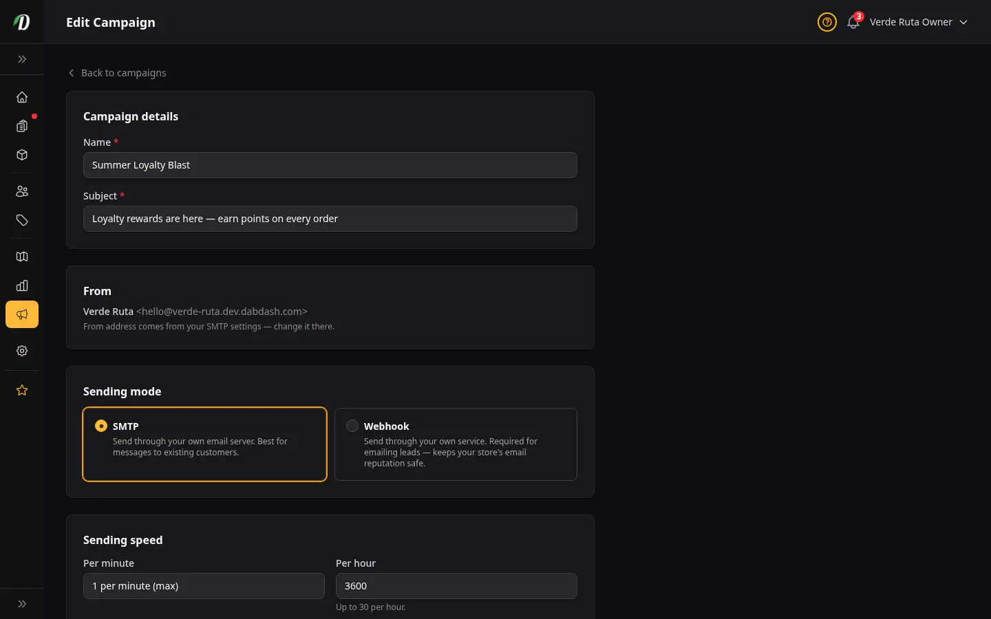 DabDash campaign editor showing a draft campaign with subject, body, delivery settings, and send options