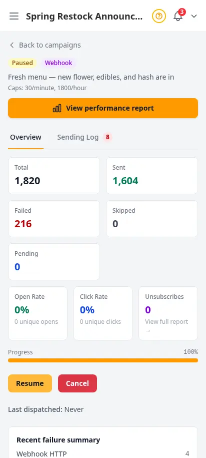 DabDash campaign detail showing send progress, recipient count, delivery errors, and pause controls — mobile view