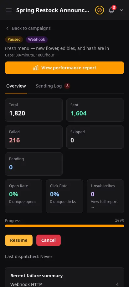 DabDash campaign detail showing send progress, recipient count, delivery errors, and pause controls — mobile view